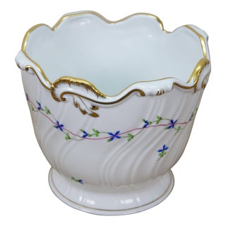 Late 20th Century Herend Blue Garland Ribbed Porcelain Cachepot Vase Bowl Jardiniere Pot 7" For Sale