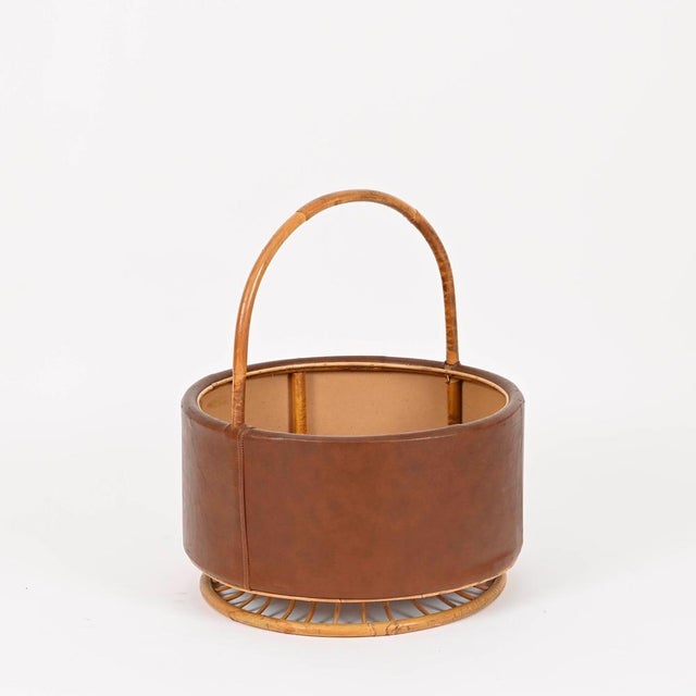 Brown Mid-Century Italian Rattan and Leather Basket, 1970s For Sale - Image 8 of 15