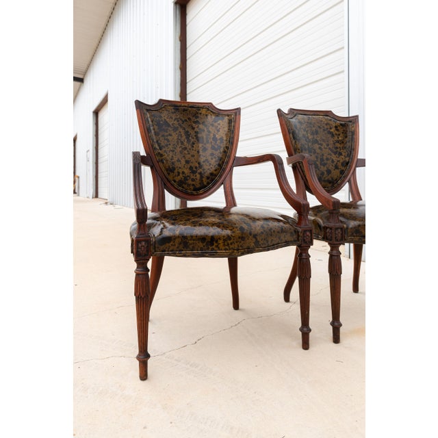 Early 20th Century Federal Style Shield Back Chairs With Faux Tortoise Leather Seats, Pair For Sale - Image 9 of 13