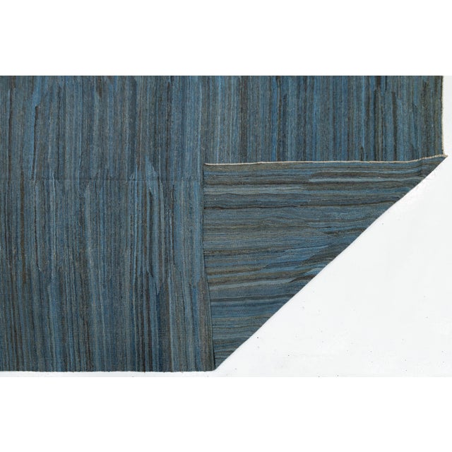 Contemporary Modern Minimalist Slate Blue Handmade Kilim Wool Rug 12x18 For Sale - Image 3 of 12