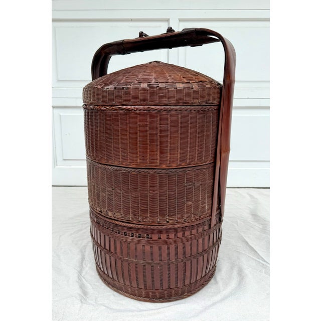 Antique Late 19th C. Chinese Woven Lacquered Bamboo Wedding Basket For Sale - Image 9 of 12
