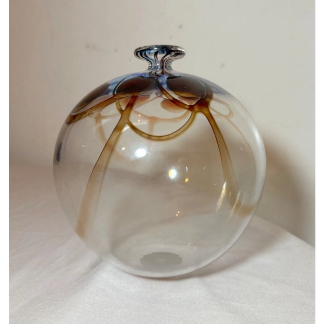 Glass Vintage Hand Blown Signed Detailed Mary Angus Art Glass Iridescent Leaf Vase For Sale - Image 7 of 15