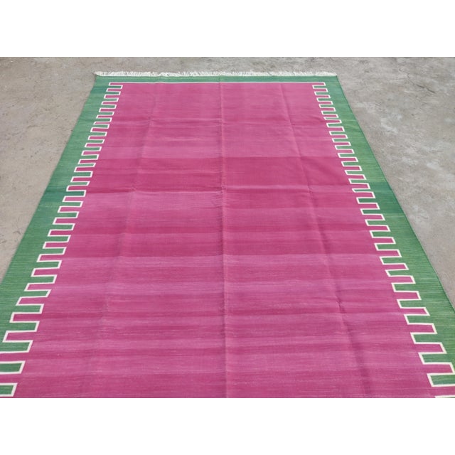 Not Yet Made - Made To Order Handmade Cotton Rug, Raspberry with Forest Green Geometric Border and Cream Fringe - 6'x9' For Sale - Image 5 of 10