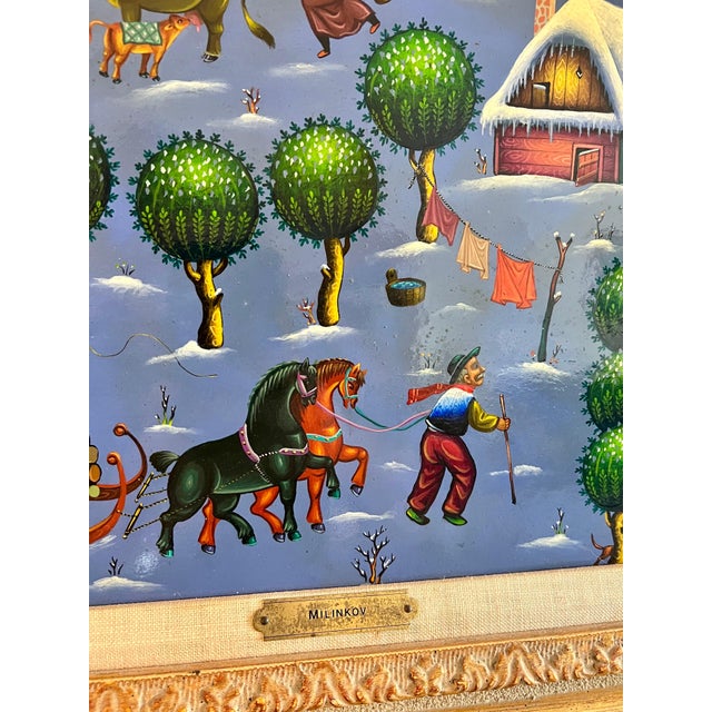 Folk Art Ljubomir Milinkov, Folk Art Naive Oil Painting Ljubomir Milinkov Whimsical Pastoral Farm Landscape For Sale - Image 3 of 18