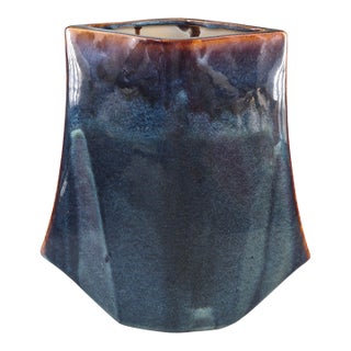 Mid-Century Modern Glazed Pottery Unusual Form Blue Vase For Sale