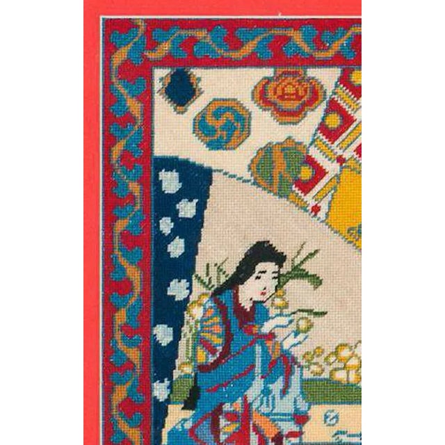 Colourful hand-needlepoint c1960s depicting an Oriental garden scene in a coral mat w/ gilt bamboo frame!