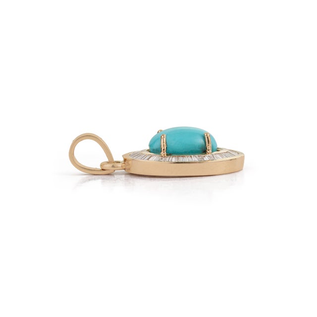 Metal Art Deco 1.43ct Turquoise & Baguette Diamond Halo Pendant in 14k Gold For Sale - Image 7 of 14