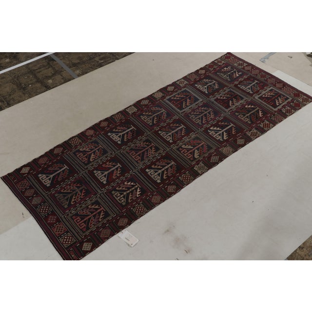 Traditional Antique Russian Tribal Kilim Rug in Blue and Red Embroidered Geometric Patterns For Sale - Image 3 of 8