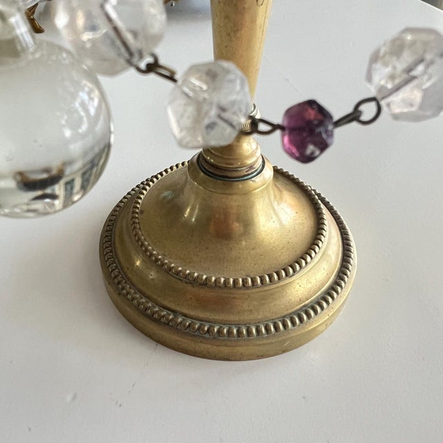 1920s Beautiful 5-arm French Girandole crystal candelabra with purple accents // table chandelier // brass and crystal candle holder // amethyst For Sale - Image 12 of 12