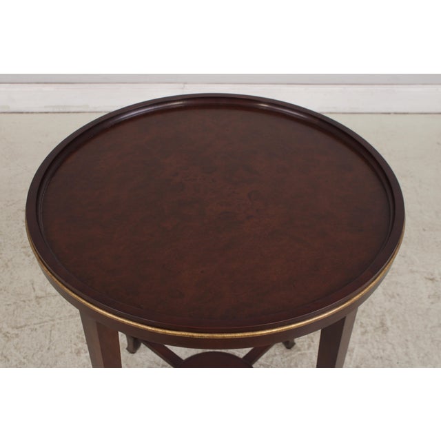 Baker Furniture Company Baker Burl Walnut Mahogany Round Lamp Table For Sale - Image 4 of 13