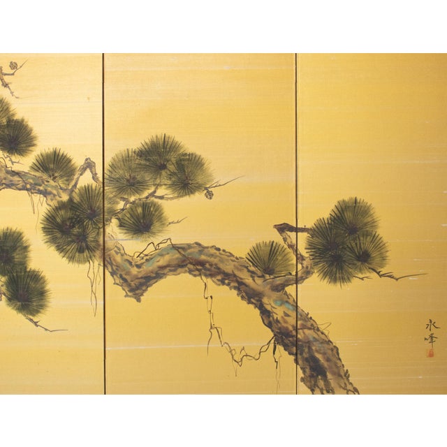 "Old Pine Tree", Pre-1964 Showa Era Japanese Painted Silk Byobu Screen For Sale In Dallas - Image 6 of 17