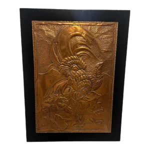 Vintage Mid-Century Modern Copper Relief Clad Hammered Wall Art Pheasants Black Lacquer Restored