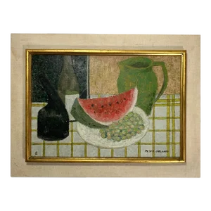 "Nature Morte Pasteque" Still Life With Watermelon Mid-Century Oil Painting by Peter Orlando, Framed
