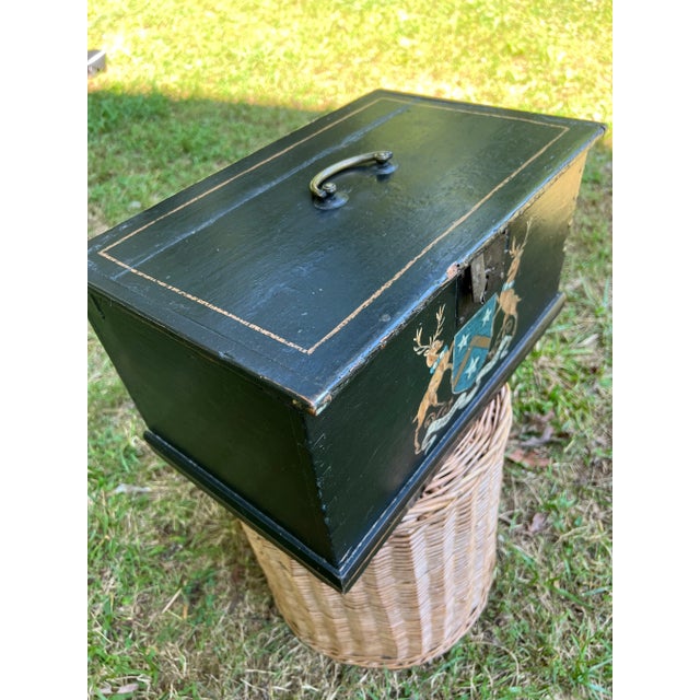 Early 19th Century Antique Wooden Painted Black Box With Deer Crest For Sale - Image 4 of 9