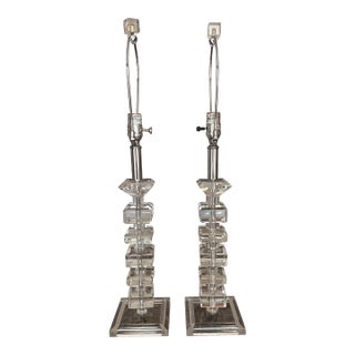 Pair of 1970s Stacked Crystal Lamps For Sale