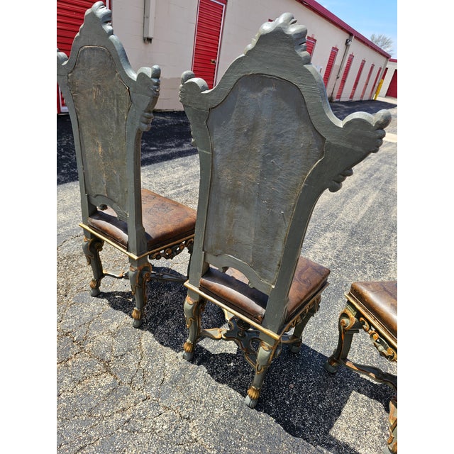 Late 20th Century Set of Late 20th Century 3 Italian Baroque Revival Hand-Painted & Tooled Leather Side Chairs For Sale - Image 5 of 7