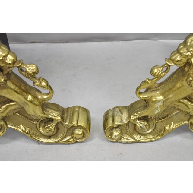Mid 20th Century French Empire Renaissance Brass Lion Coat of Arms Cannonball Andirons - A Pair For Sale - Image 9 of 14