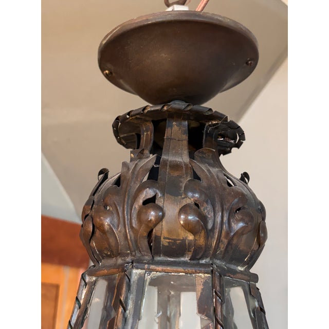 Antique Lantern-Shaped Ceiling Fixture With Three Arm Light Source Within For Sale - Image 11 of 11