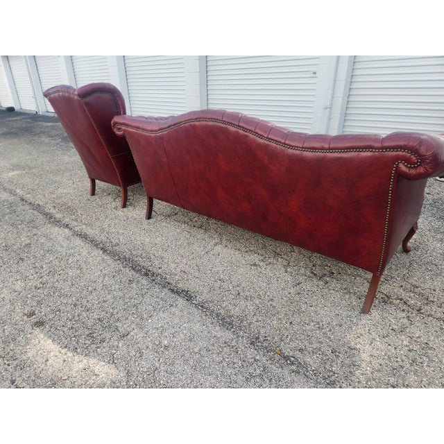 Vintage Carolina Leather House Oxblood Tufted Chesterfield Sofa, Wingback Chair & Ottoman - 3 Piece Set For Sale - Image 13 of 18