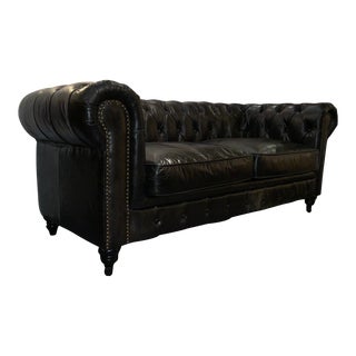 Black Vintage Style Leather Chesterfield Sofa For Sale