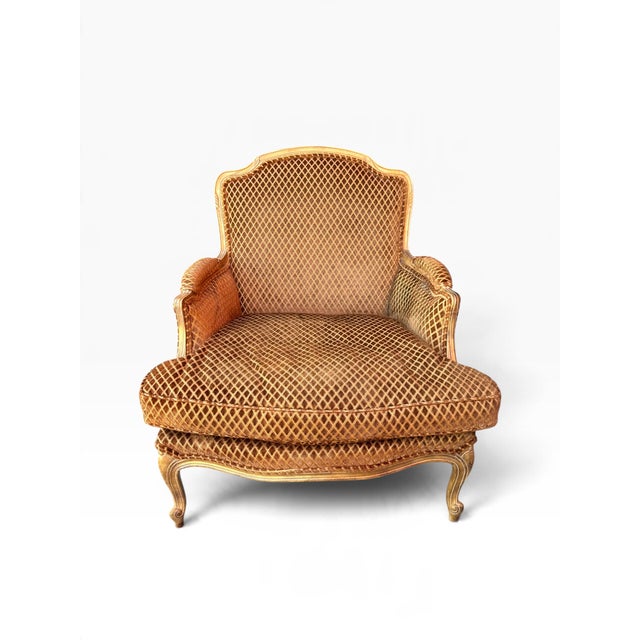 Custom-Made Louis XV–Style Giltwood Bergère Chairs in Diamond-Patterned Velvet (A Pair) For Sale - Image 9 of 14