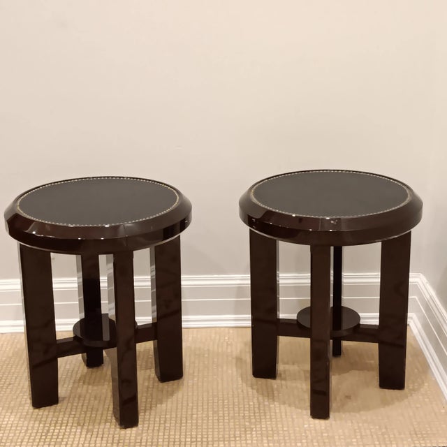 Decca Home/Boiler Solid Wood Side Table Mahagony and High Gloss Base With a Matte Black Leather Top With Brass Nailhead Trim. For Sale - Image 12 of 18