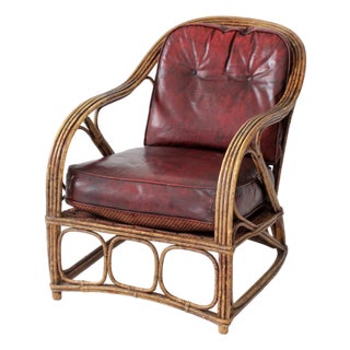 Antique Rattan Lounge Chair With Oxblood Cushions For Sale