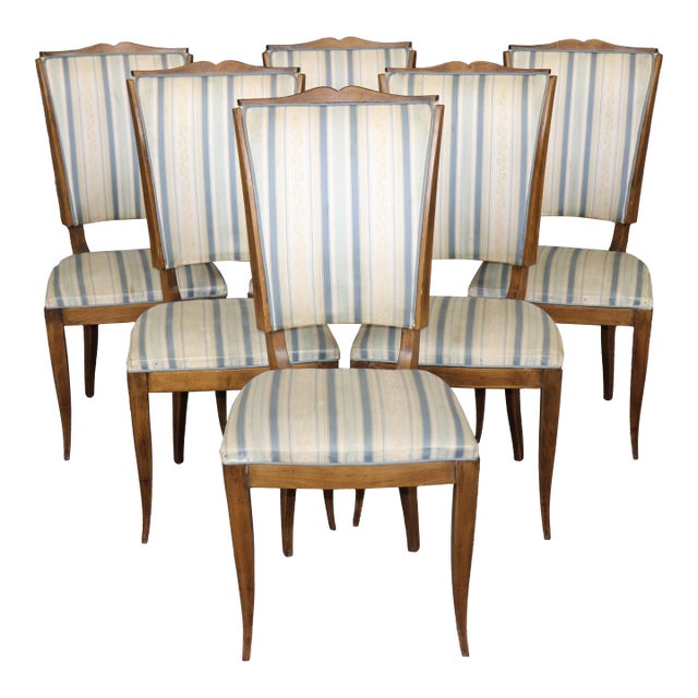 6 French Art Deco Mustache Back Dining Chairs Attributed to Jules Leleu For Sale