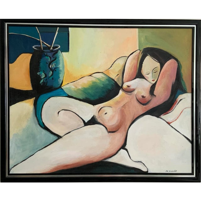 Mid-Century Modern Vintage Nude Matisse Inspired Oil Painting 1990s "Woman in Repose" Original Framed Oil Painting For Sale - Image 3 of 7