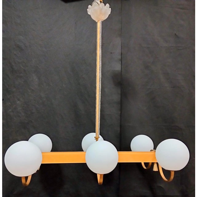 Metal Brass and Opaline Glass Chandelier, 1960s For Sale - Image 7 of 17
