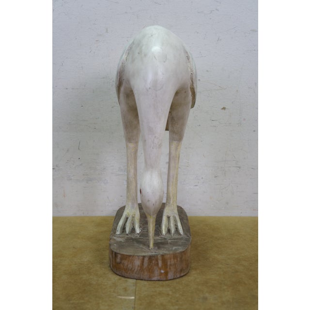 Late 20th Century Vintage Hand Carved Wood Crane Egret Wading Bird Sculpture Folk Art Decoy 14" For Sale - Image 5 of 13