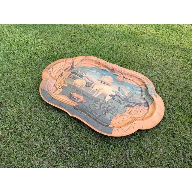 Late 20th Century Vintage Hand-Painted Elephant & Indian Landscape Decorative Serving Tray For Sale - Image 5 of 12