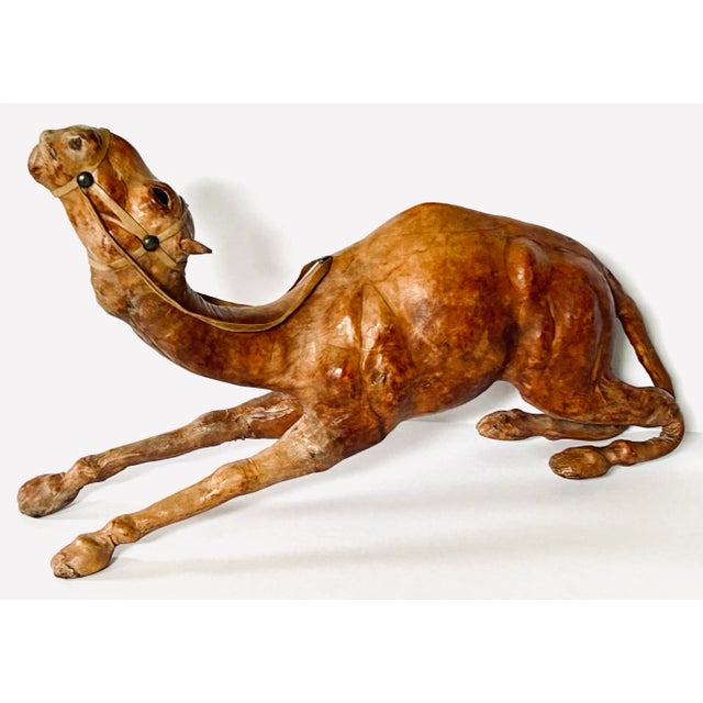 Figurative Liberty's London Camel Sculpture With Lovely Aged Leather on Hand Carved Wood For Sale - Image 3 of 8