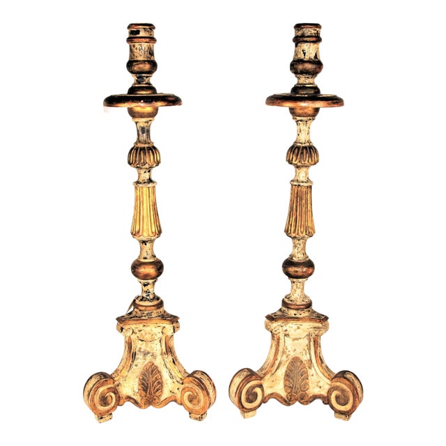 Vintage Tall Painted Candlesticks with Lamp Bases- a Pair For Sale