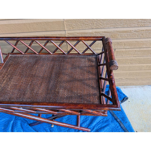 Mid-Century Modern Vintage Butler Tray Serving Table Featuring a Dark Stained Finish and Distinctive Woven Rattan Panels. For Sale - Image 3 of 14