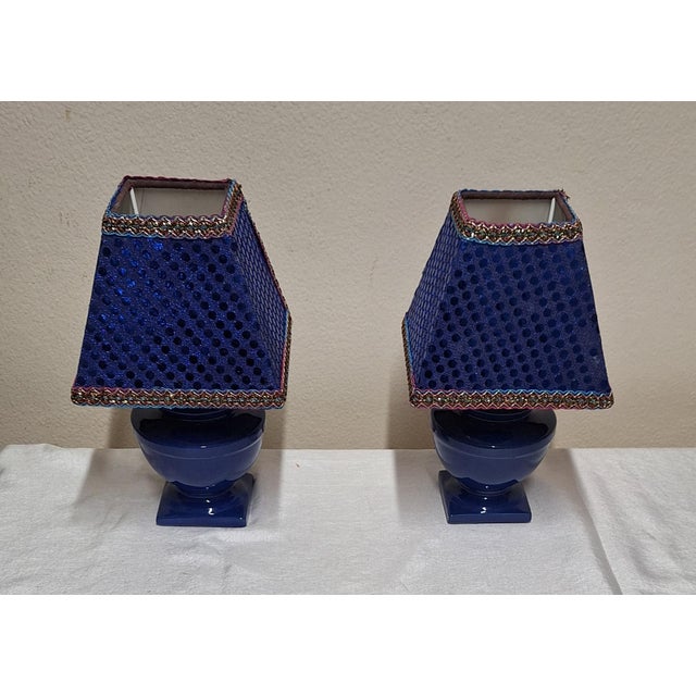 Vintage Bedside Lamps with Blue Ceramic Base and Handmade Sequined Shade by Lamplove, 1990s, Set of 2 For Sale - Image 4 of 8