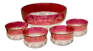 1960s Faceted Flashed Cranberry Red Kings Crown Tiffin Bowl Set- 5 Pieces
