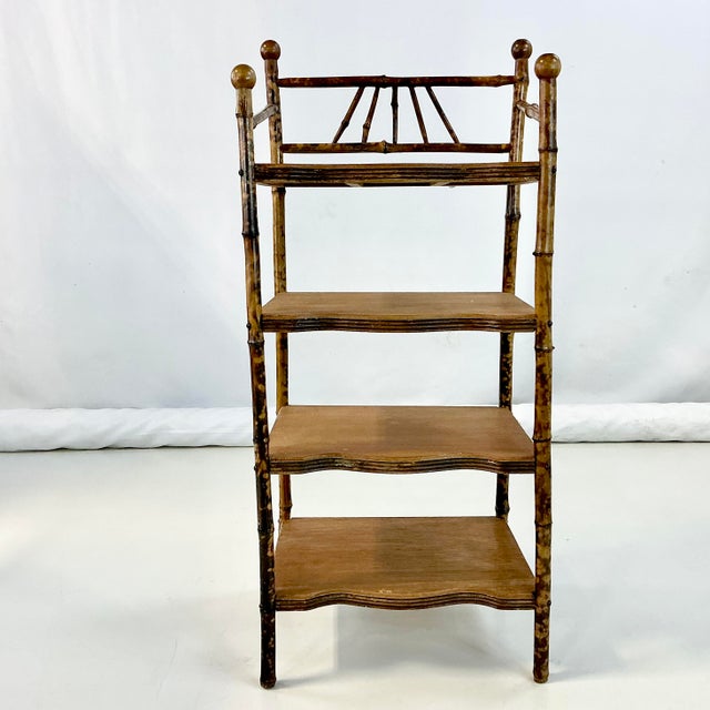 Antique Victorian English Chinoiserie Ball & Stick Scorched Bamboo Etagere - 4 Shelves. For Sale - Image 4 of 13