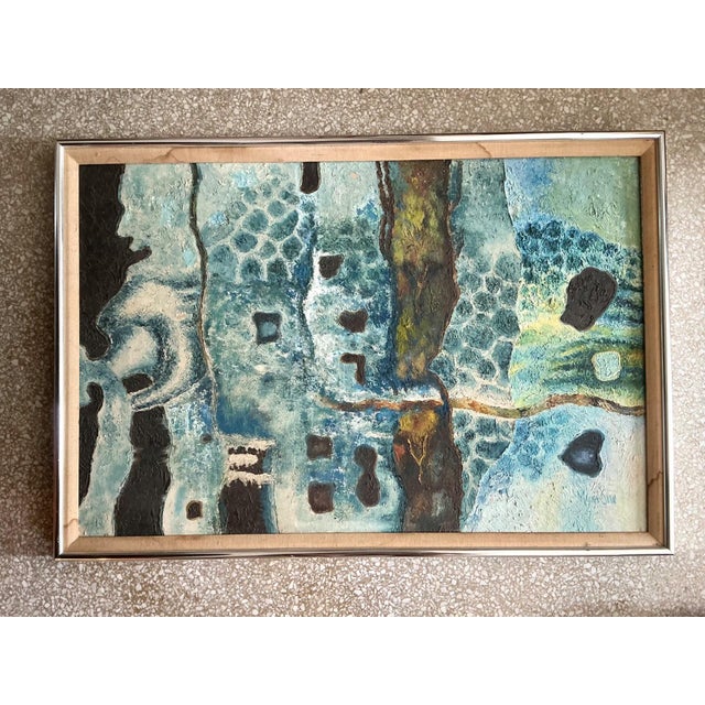 A compelling example of vintage abstract expression, this framed acrylic painting on board showcases an energetic...