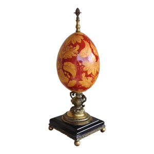 Vintage Hand-Painted Porcelain Egg Sculpture Centerpiece on Brass and Marble Stand