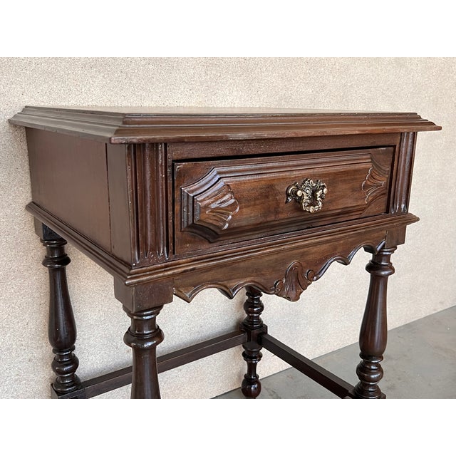 Brown 20th Pair of Spanish Nightstands With Carved Drawer and Beautiful Stretcher For Sale - Image 8 of 10