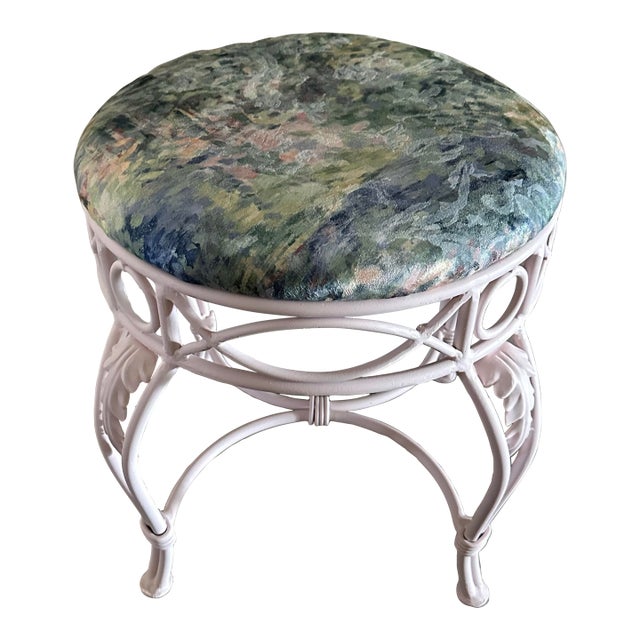 Vintage 20th Century French Monet Style Pink Cushioned Wrought Iron Vanity/Dressing Area Stool For Sale
