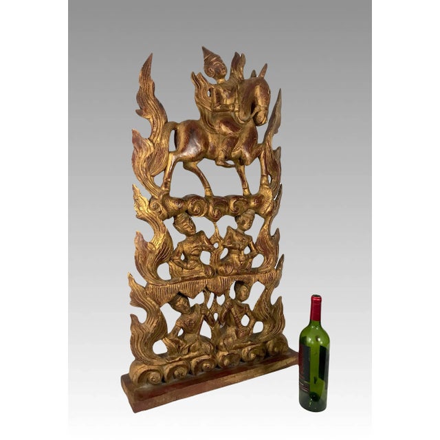 Mid 20th Century The Aspara & Her Musicians, Massive Free Standing Thai Red Gold Carved Wooden Sculpture For Sale - Image 5 of 12