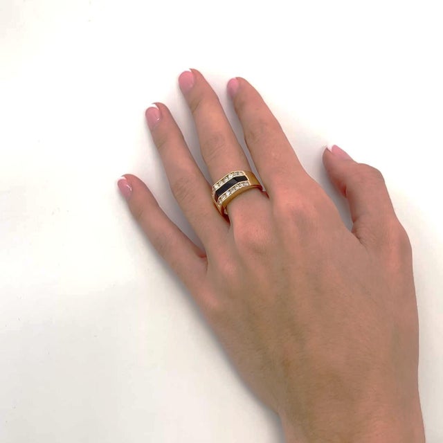 Early 21st Century 14k Gold Signet Ring With Black Center Stone Bar & Diamonds, Size 7 For Sale - Image 5 of 5