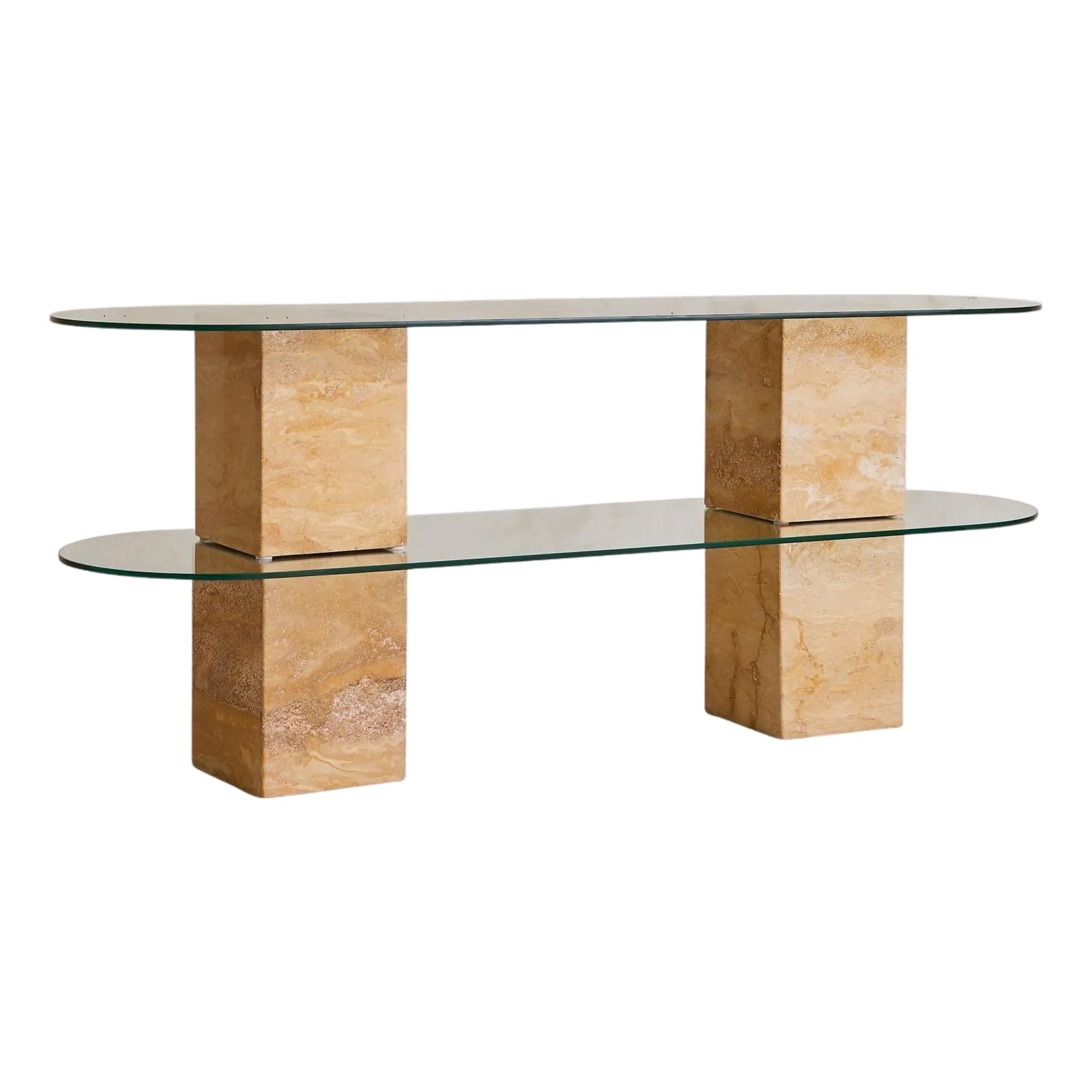 Italian Two-Tier Pill Shaped Glass + Travertine Console, 1970s | Chairish