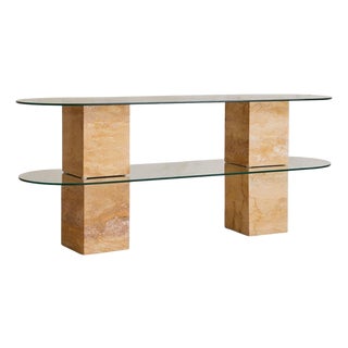 Italian Two-Tier Pill Shaped Glass + Travertine Console, 1970s For Sale