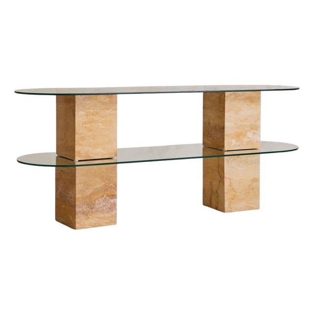 Italian Two-Tier Pill Shaped Glass + Travertine Console, 1970s For Sale