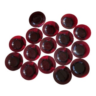 Vintage Deep Ruby Red Glass Salad Plates With Pebbled Underside - Set of 16 For Sale