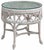 Beautiful vintage whitewashed rattan petite center table featuring an intricately woven frame with lattice detailing,...