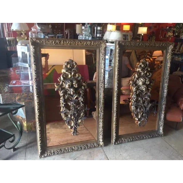 Pair of 19th Century Italian Carved Giltwood Candles Applied on to Vintage Mirrors